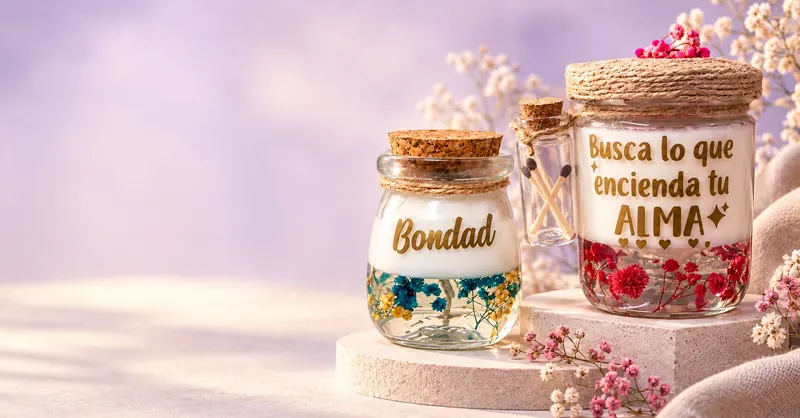 Velas encapsuladas con flores secas y las frases Bondad y Busca lo que encienda tu alma