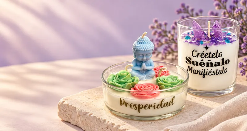 Vela de Buda Prosperidad y vela con cuarzos Créetelo, suéñalo, manifiéstalo